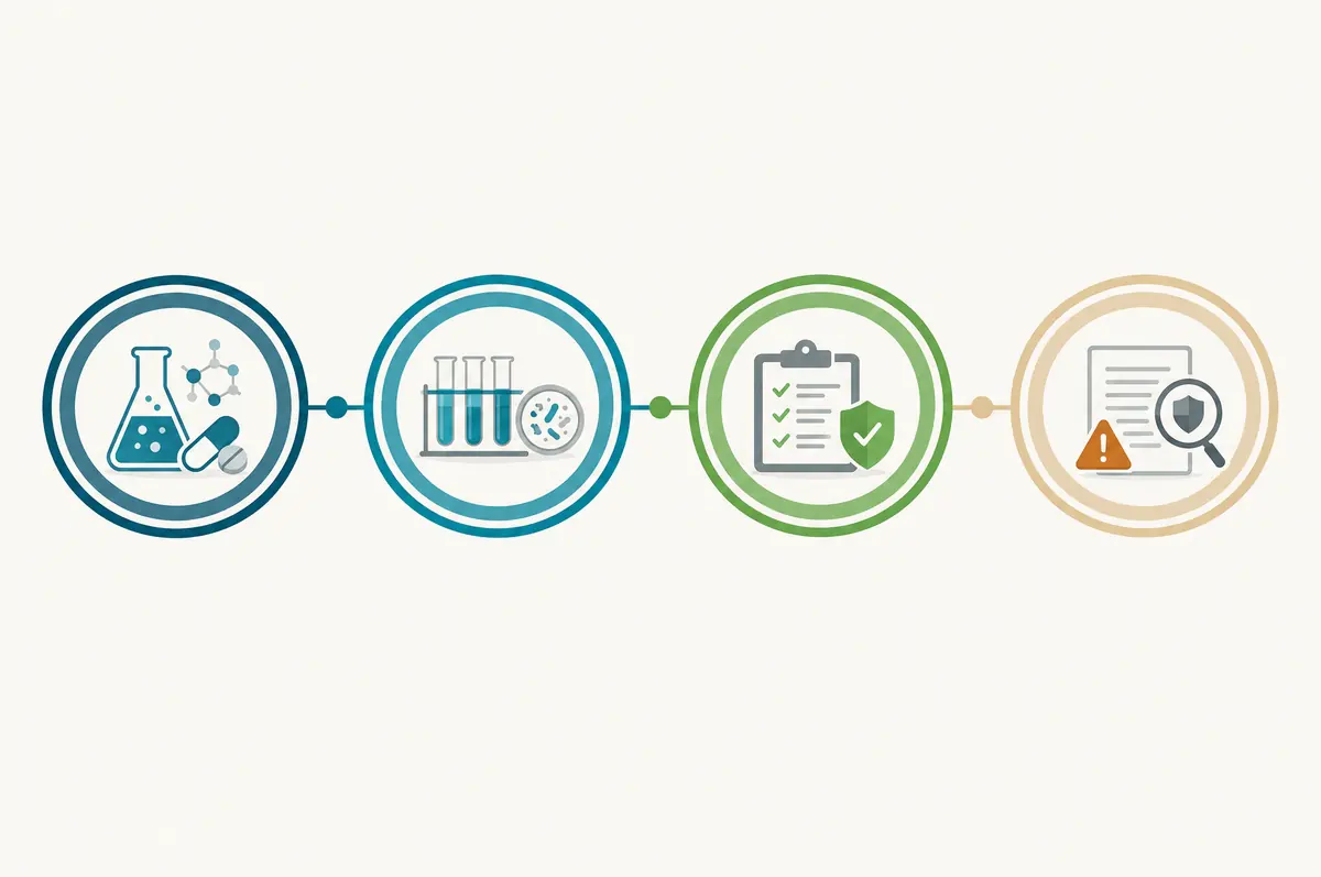 Four ring icons along a progress line representing development stages from formulation to regulatory review