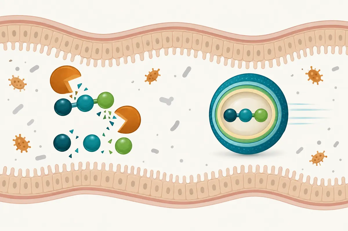 Gut cross-section diagram with a tripeptide cut by enzyme shapes and an encapsulated tripeptide passing intact