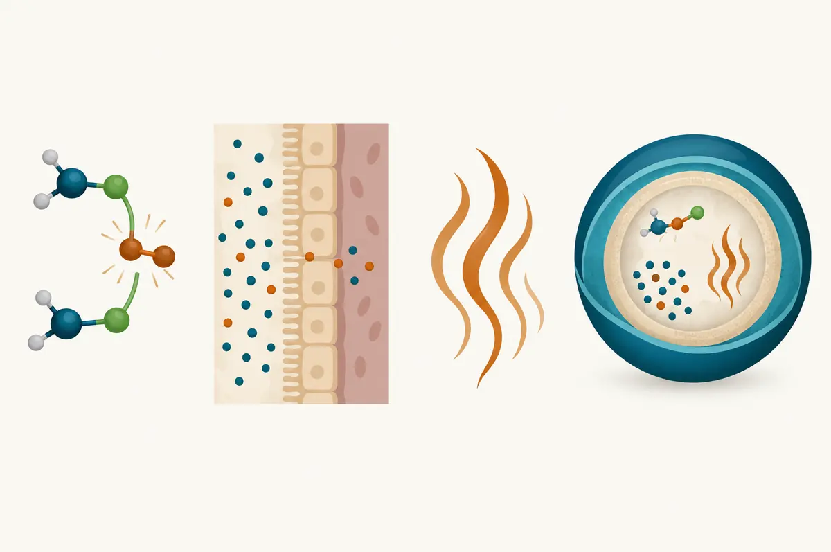 Three panels showing oxidation, low absorption and odor as shapes, then a layered sphere containing the active