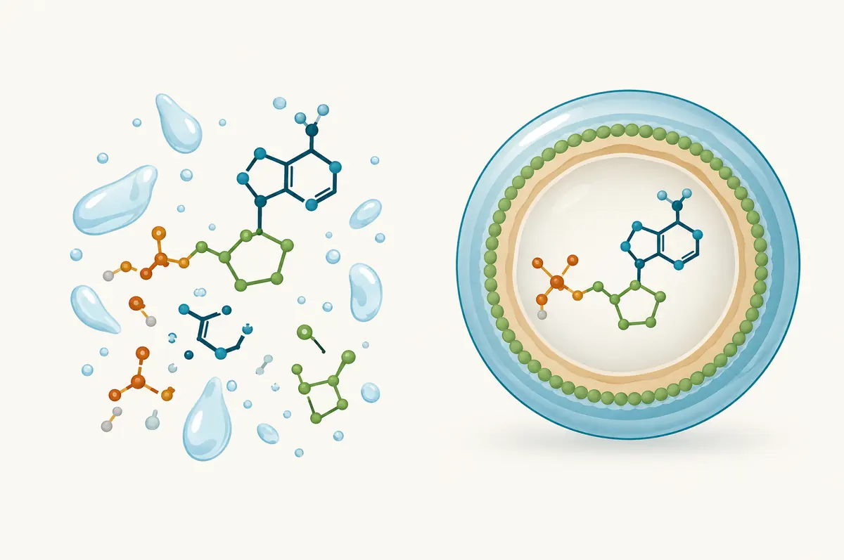 Diagram comparing an unprotected molecule breaking apart in water with the same molecule intact inside a layered sphere