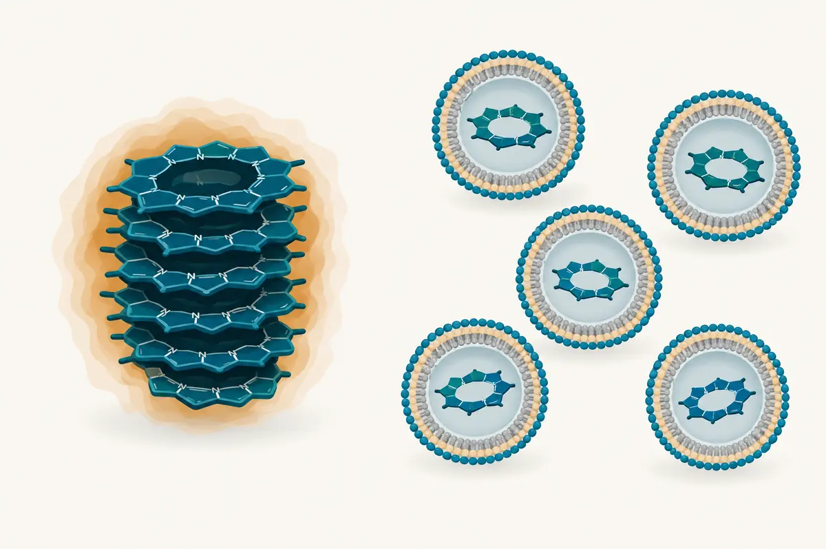 Diagram of flat ring molecules stacking into an aggregate versus single rings separated inside layered spheres
