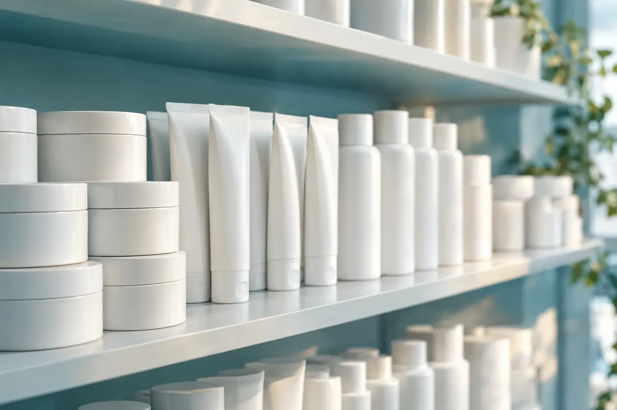 Shelf of plain unlabeled white jars and tubes arranged in rows under soft light