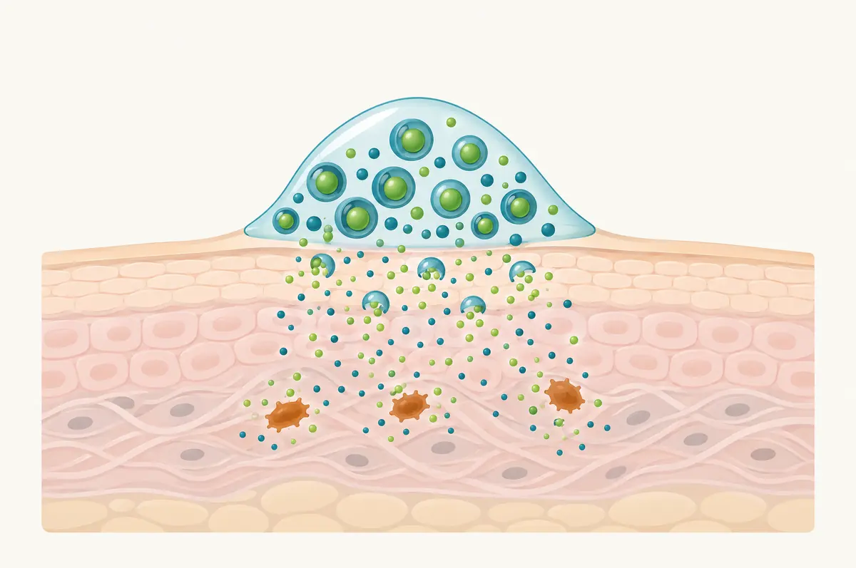 Diagram of a serum droplet on skin with layered spheres releasing actives into upper skin layers