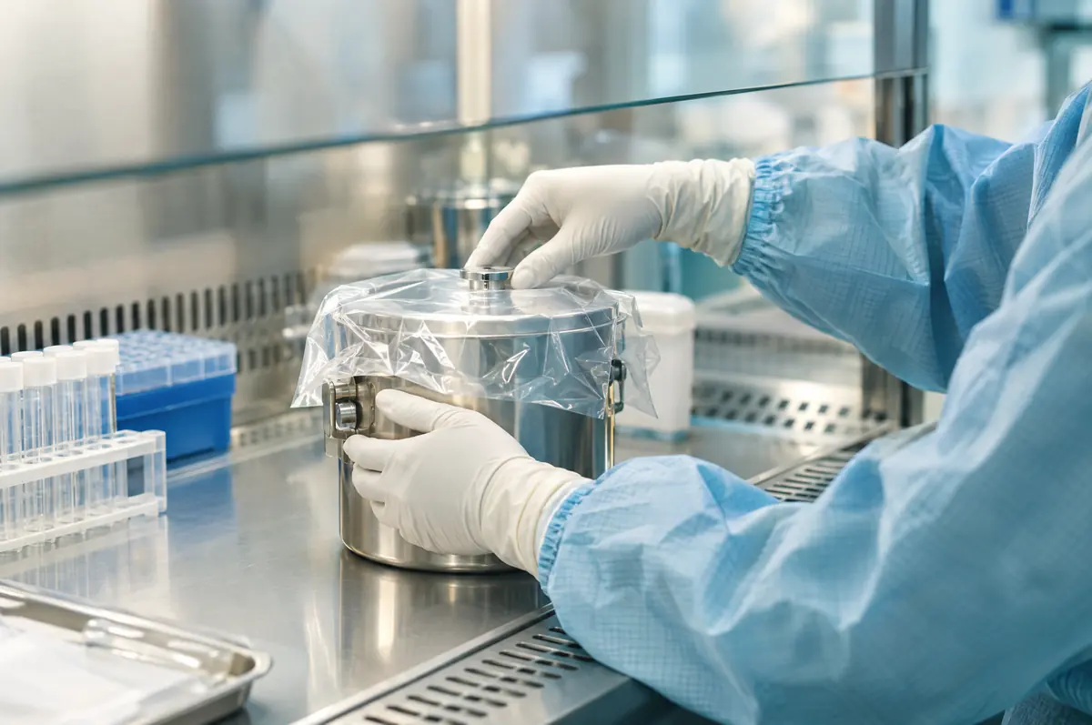 Gloved hands at a laminar flow hood with a covered stainless vessel, face out of frame