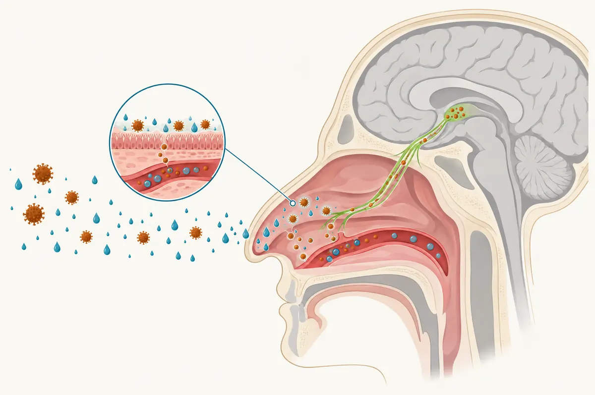 Nasal cavity diagram with droplets on the lining, circles entering vessels and a path along a nerve line