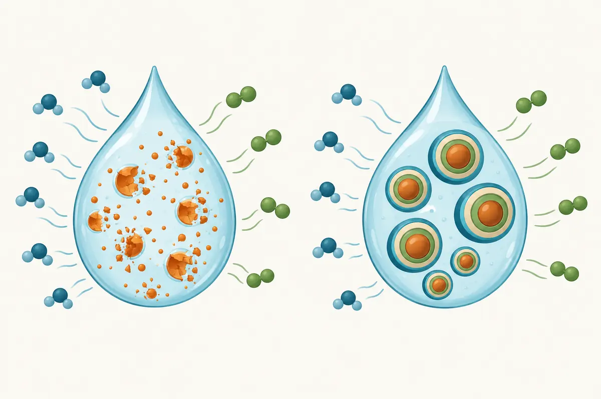 Two drops: actives breaking apart under water and oxygen, and actives held inside layered shells