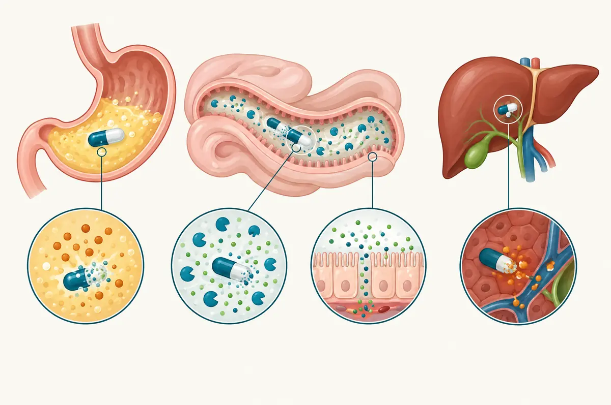 Journey diagram of a capsule through stomach, intestine and liver with circles marking each barrier