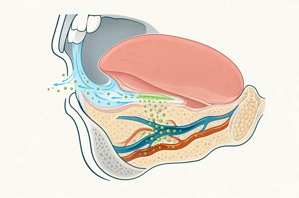 Mouth cross-section with a film under the tongue releasing circles into vessels and saliva washing some away