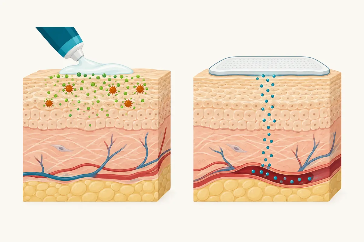 Two skin cross-sections: a topical product in upper layers and a patch sending circles to a vessel