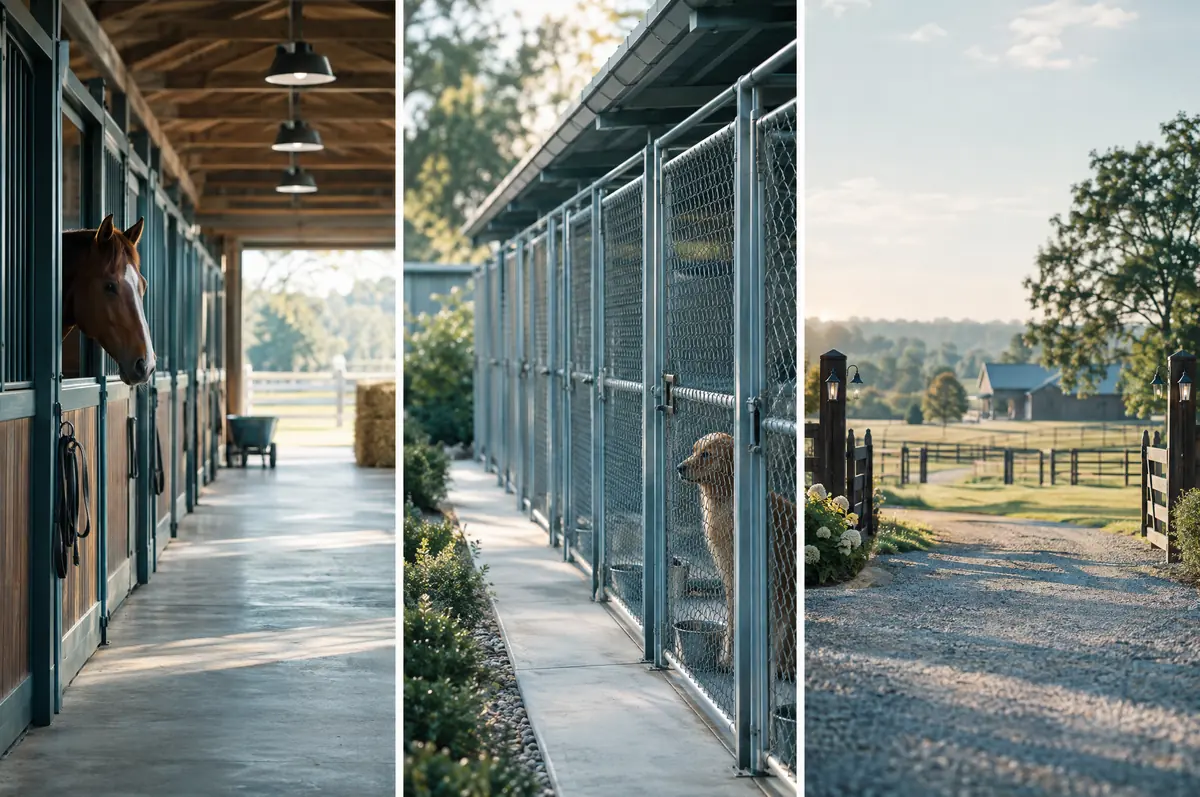 Triptych of a stable aisle, a kennel run and a farm entrance