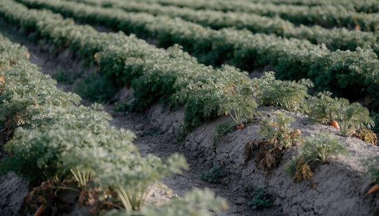 Feathery carrot tops in raised beds, with a few orange shoulders pushing up through the soil.
