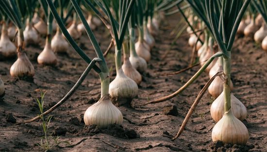 An onion crop near maturity, papery bulb shoulders exposed with the green tops falling over.