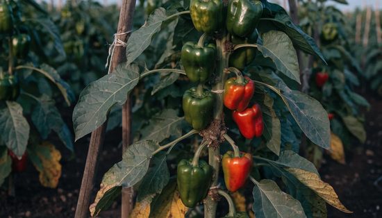 Bell peppers ripening green to red on staked plants, among leaves and weathered stakes and twine.