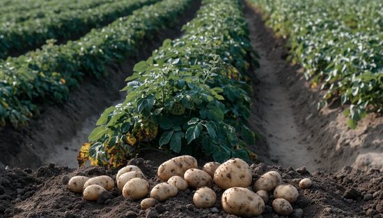 A potato crop in ridged rows of green haulm, with lifted tubers on the broken soil in front.