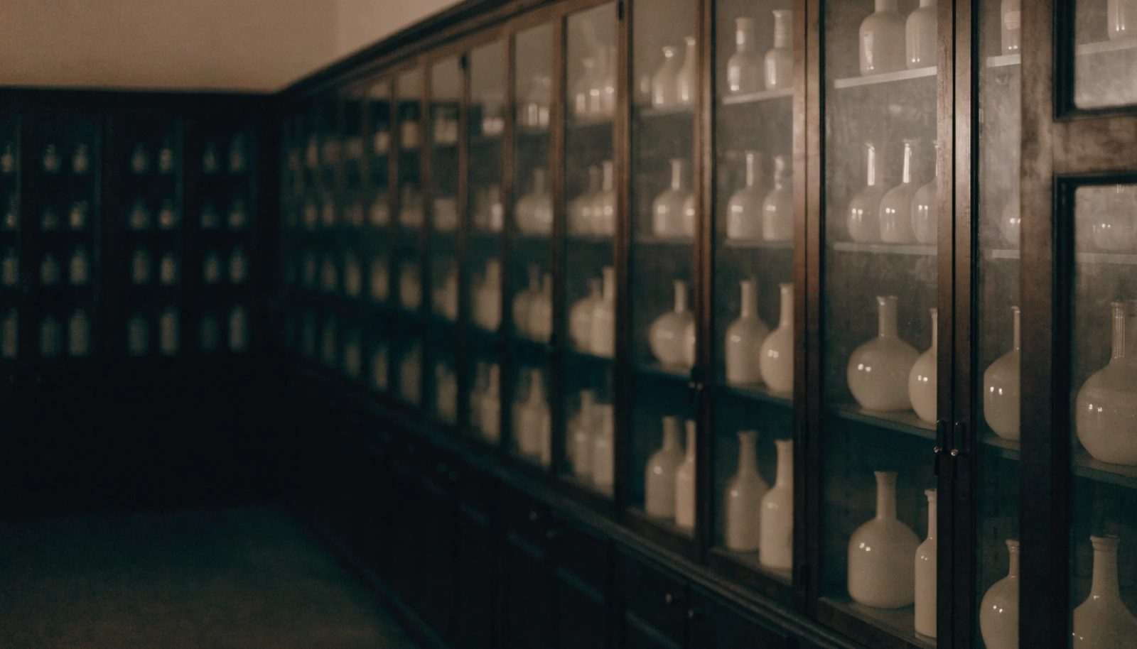 A wall of tall glass-fronted cabinets in a quiet old dispensary.