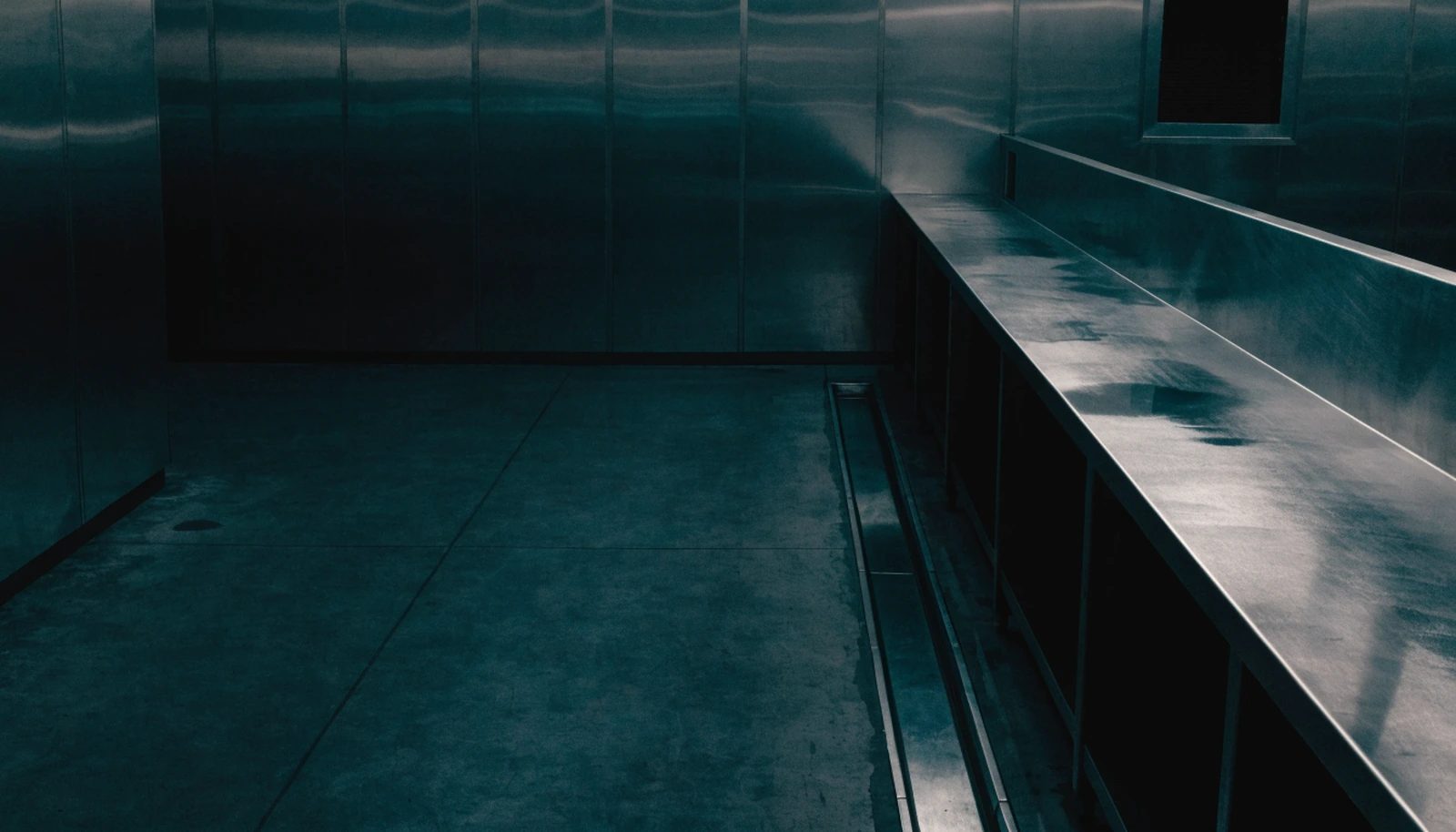 A spotless empty food-production hygiene area at the end of a shift, stainless surfaces receding into shadow.