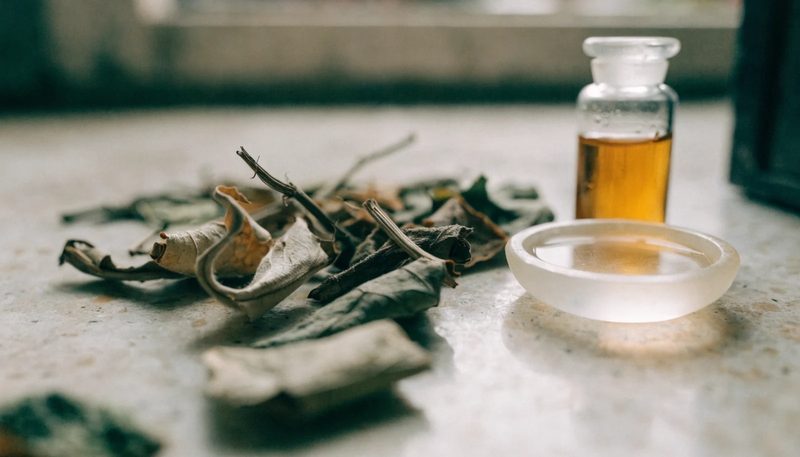 Botanical skincare raw materials arranged on a pale stone surface.