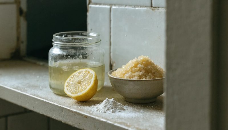 Everyday kitchen items commonly used in DIY skincare on a bathroom shelf.