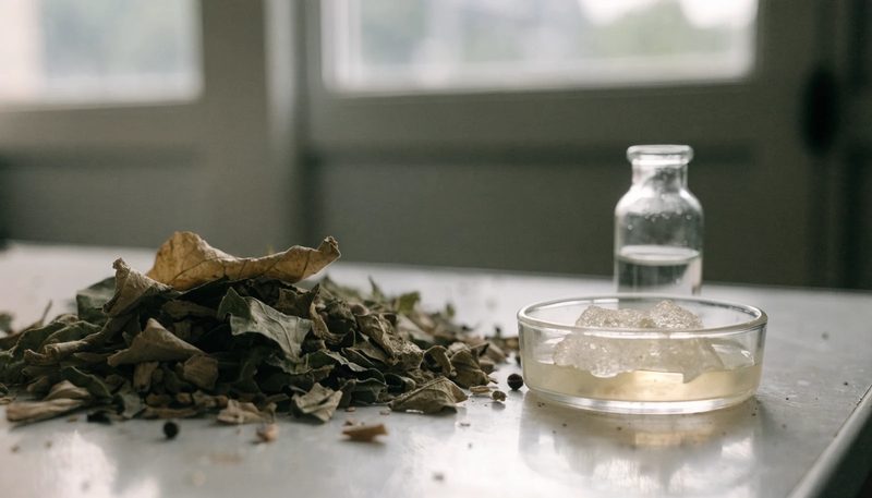 Botanical raw materials and a dish of plant extract on a laboratory bench.