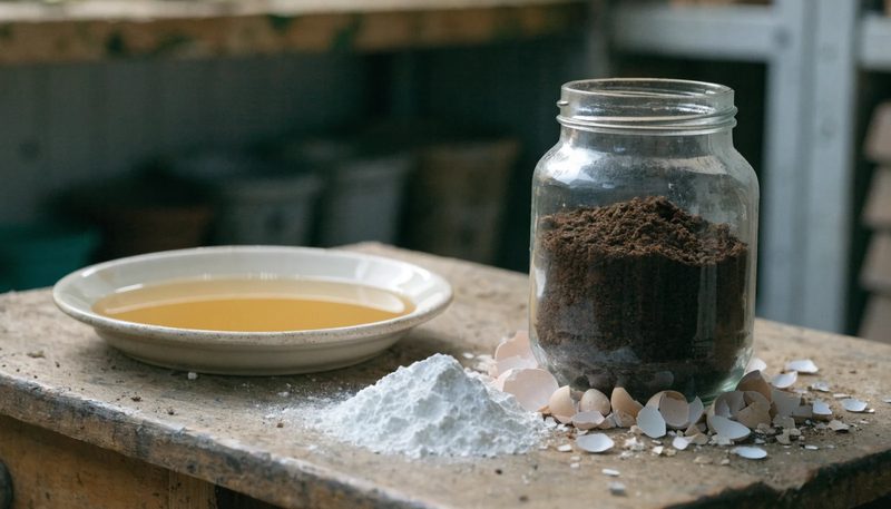 Common garden folk remedies gathered on a weathered potting bench.