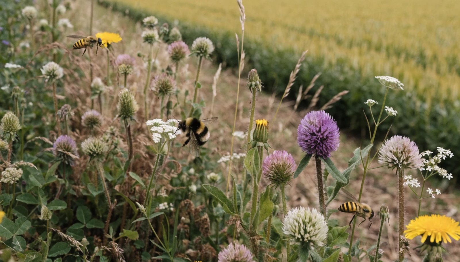 A flowering buffer strip along the edge of a field.