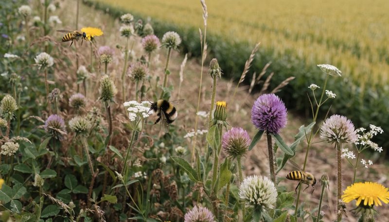 A flowering field margin beside a commercial crop row with pollinators working it.
