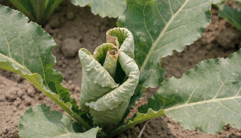 Rolled, stiffened central leaves on a sugar beet plant.