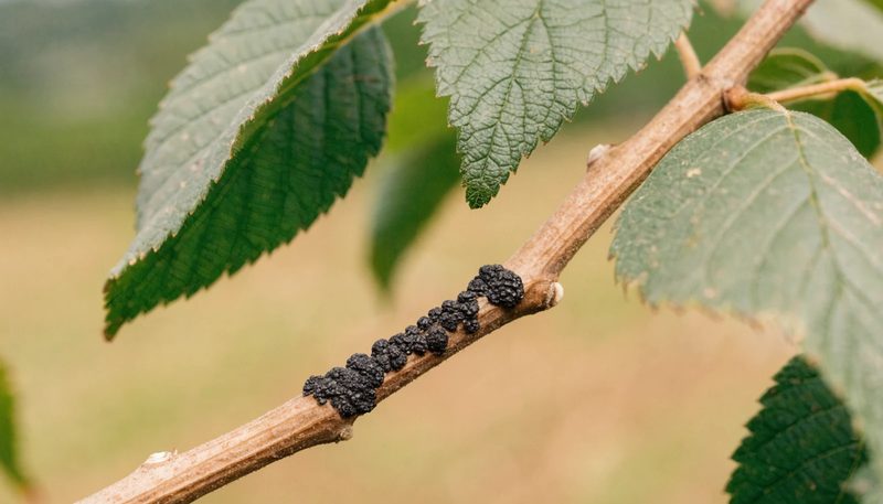 A short row of small black stromata on one side of a hazelnut branch.