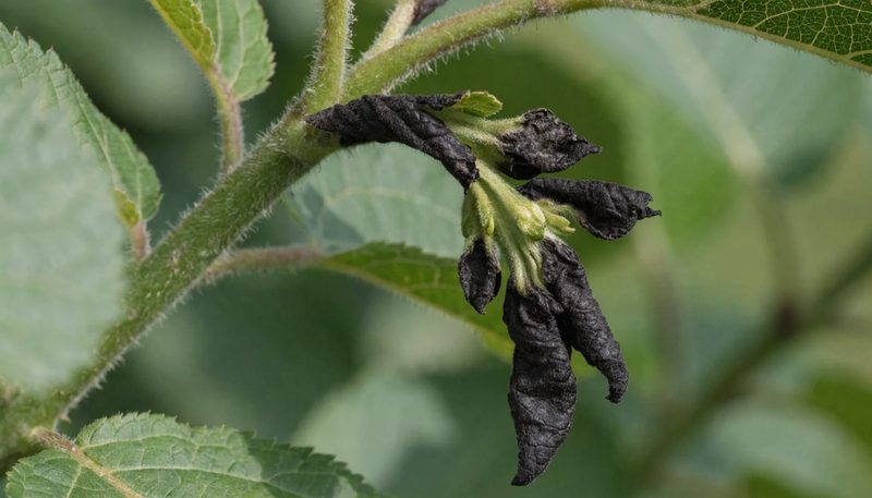 A single blighted apple shoot bent into a shepherd's crook.