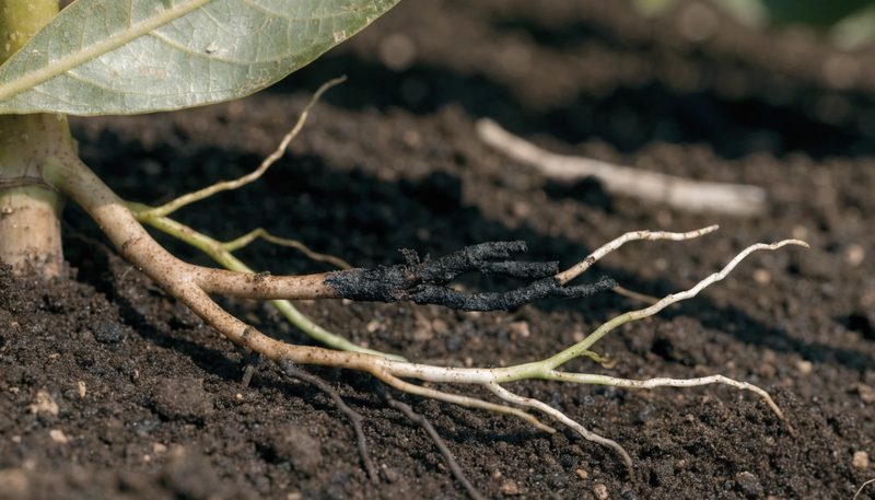 Blackened avocado feeder roots among pale firm healthy ones.