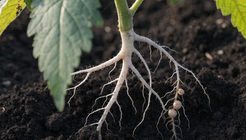 A few small galls along an otherwise white tomato root system.