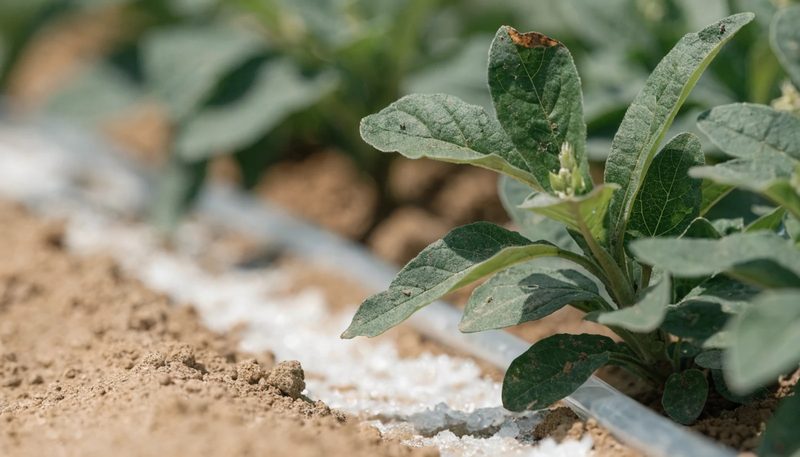 A salt crust on dry soil beside a plant with slight leaf-tip browning.