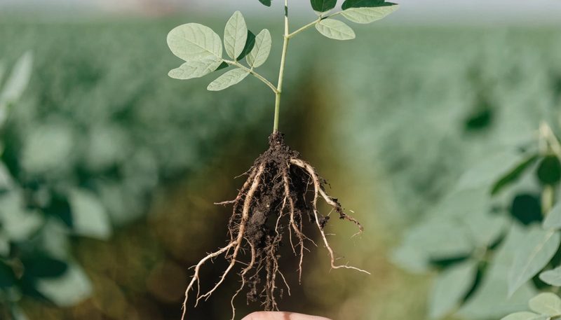 A soybean plant lifted to show a stunted, sparse root system.
