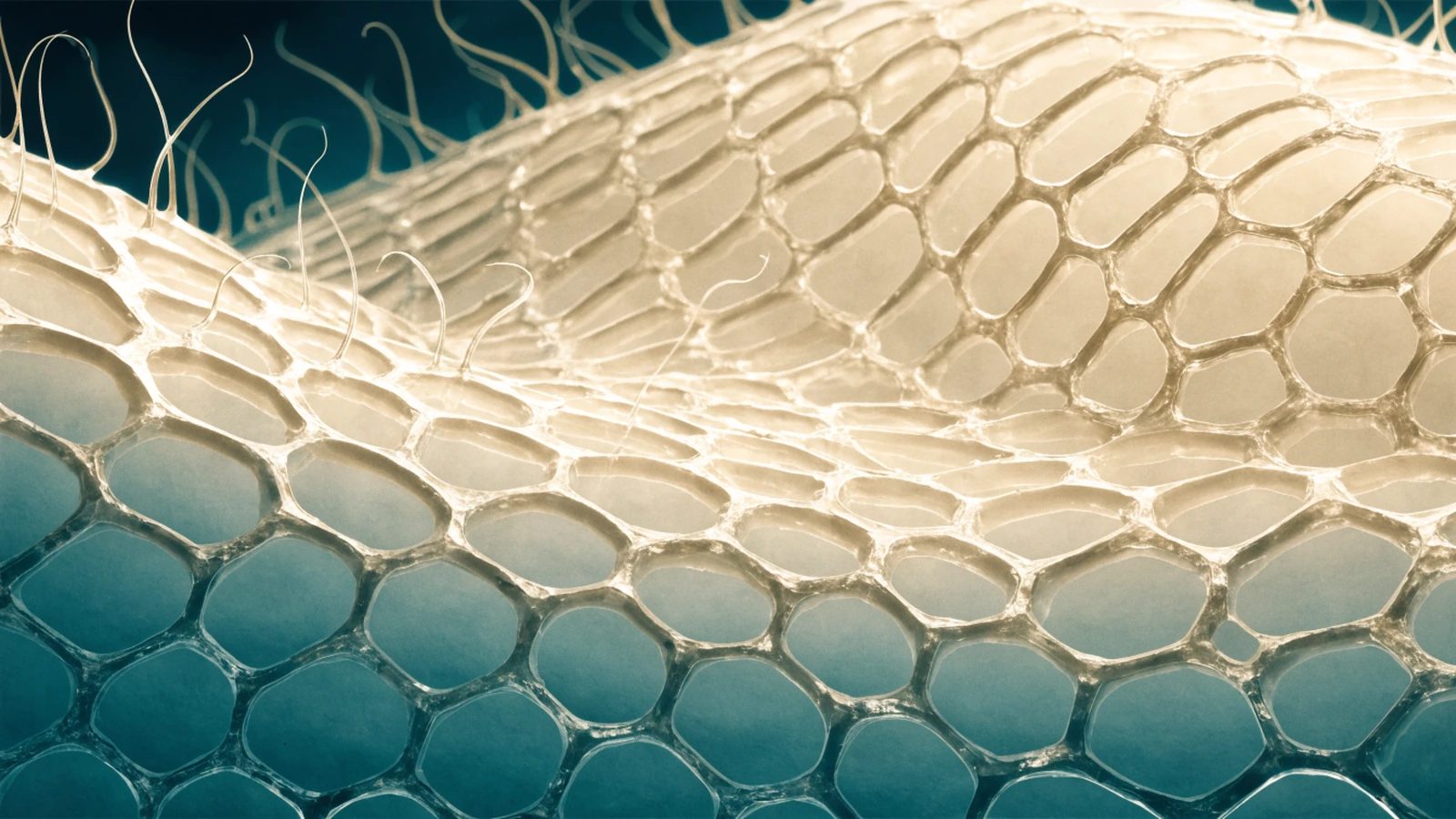 A decorative microscopic-texture image showing tessellated plant cells with fine surface hairs.