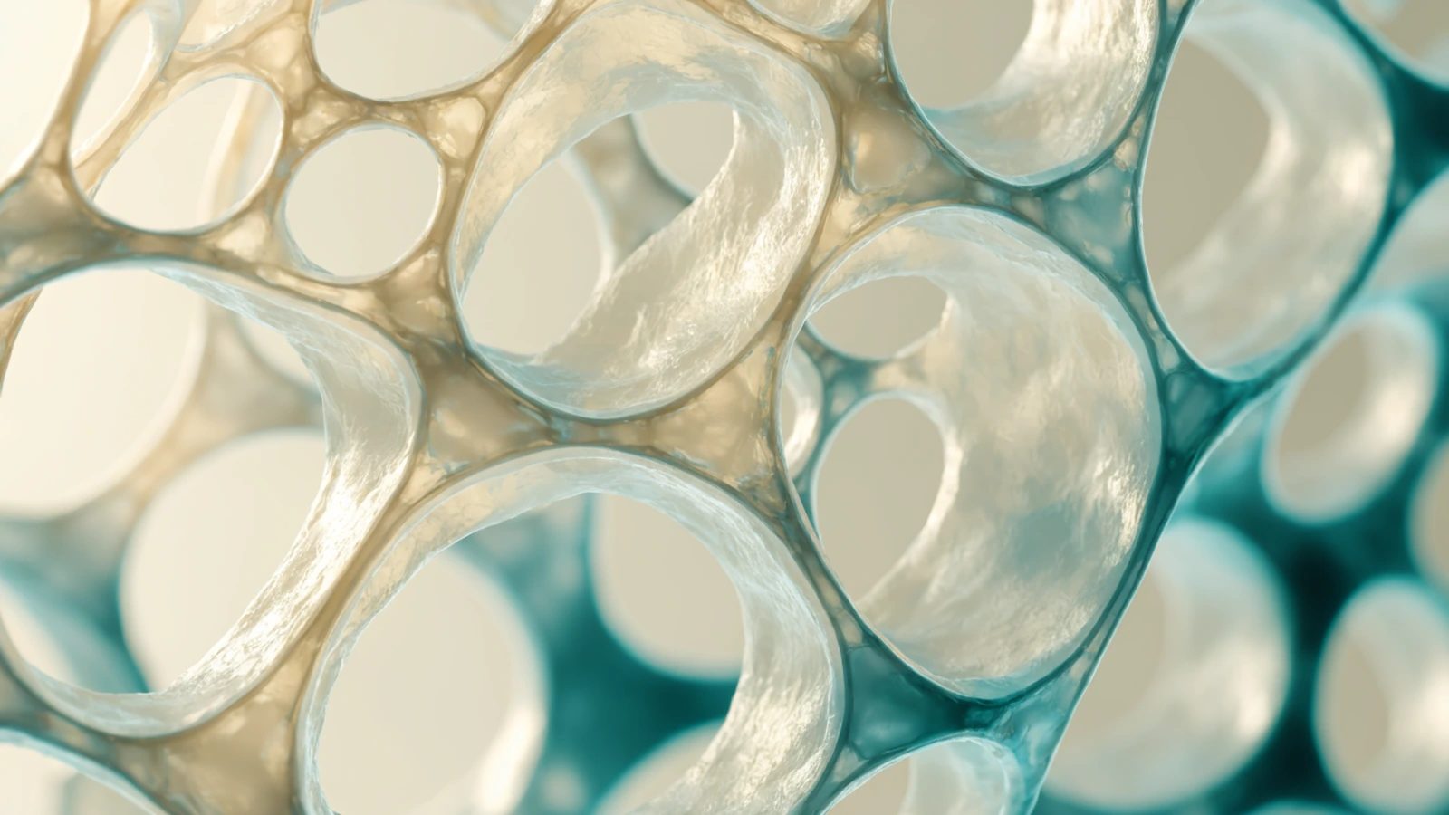 A decorative microscopic-texture image showing an open porous sponge-like matrix.