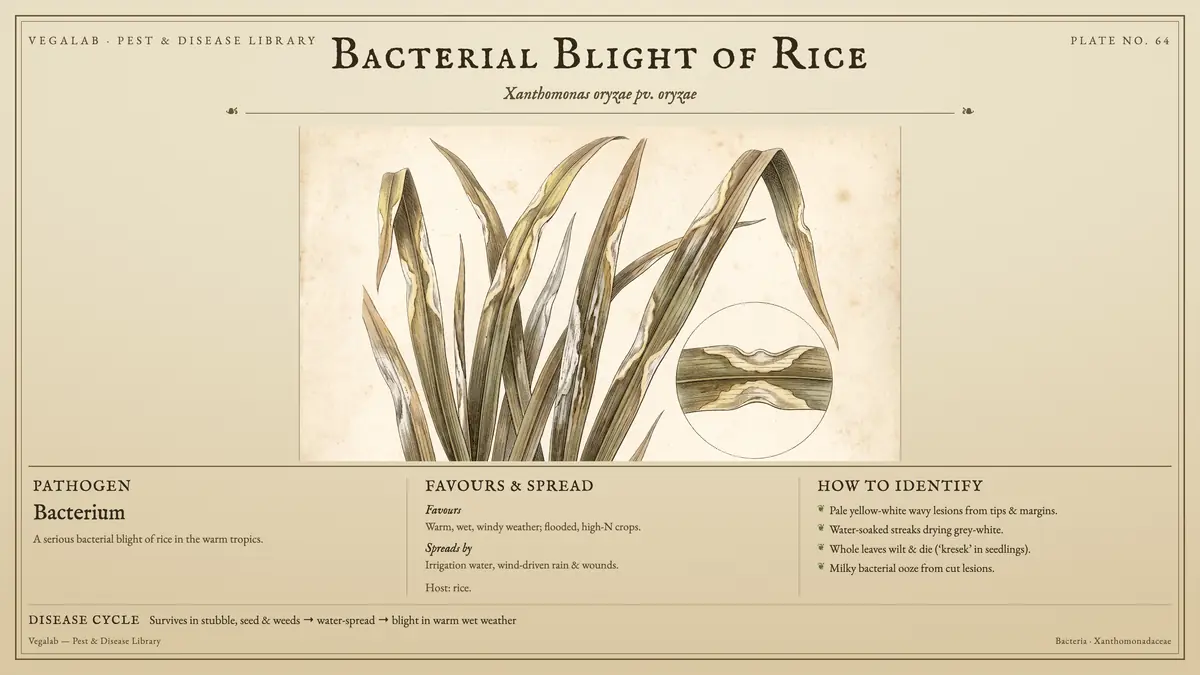 Identification plate for bacterial blight of rice: bacterium, size shown to scale, with survives in stubble, seed & weeds → water-spread → blight in warm wet weather.