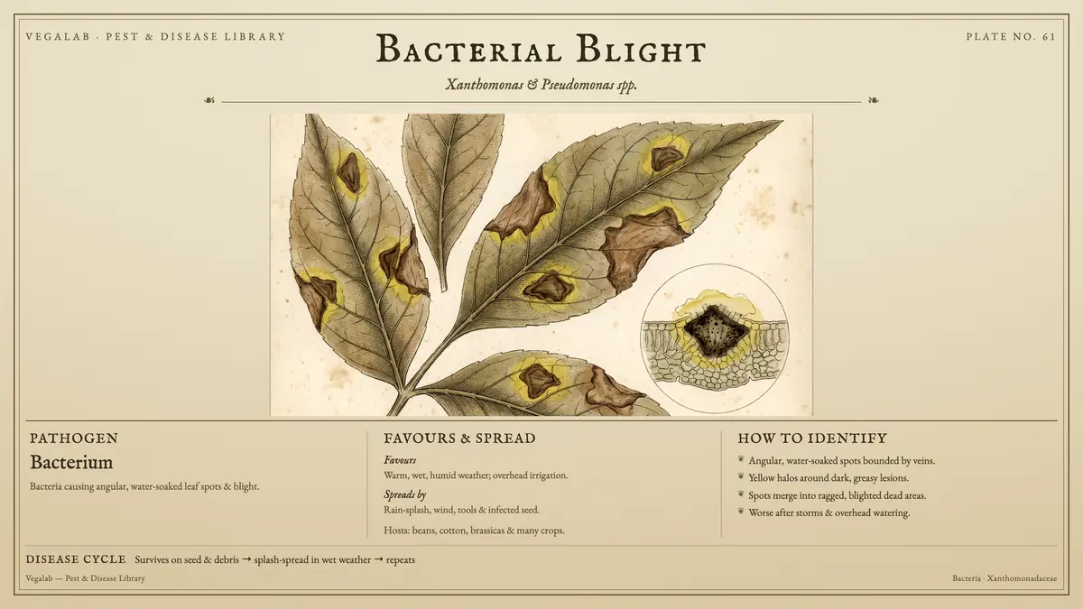 Identification plate for bacterial blight: bacterium, size shown to scale, with survives on seed & debris → splash-spread in wet weather → repeats.