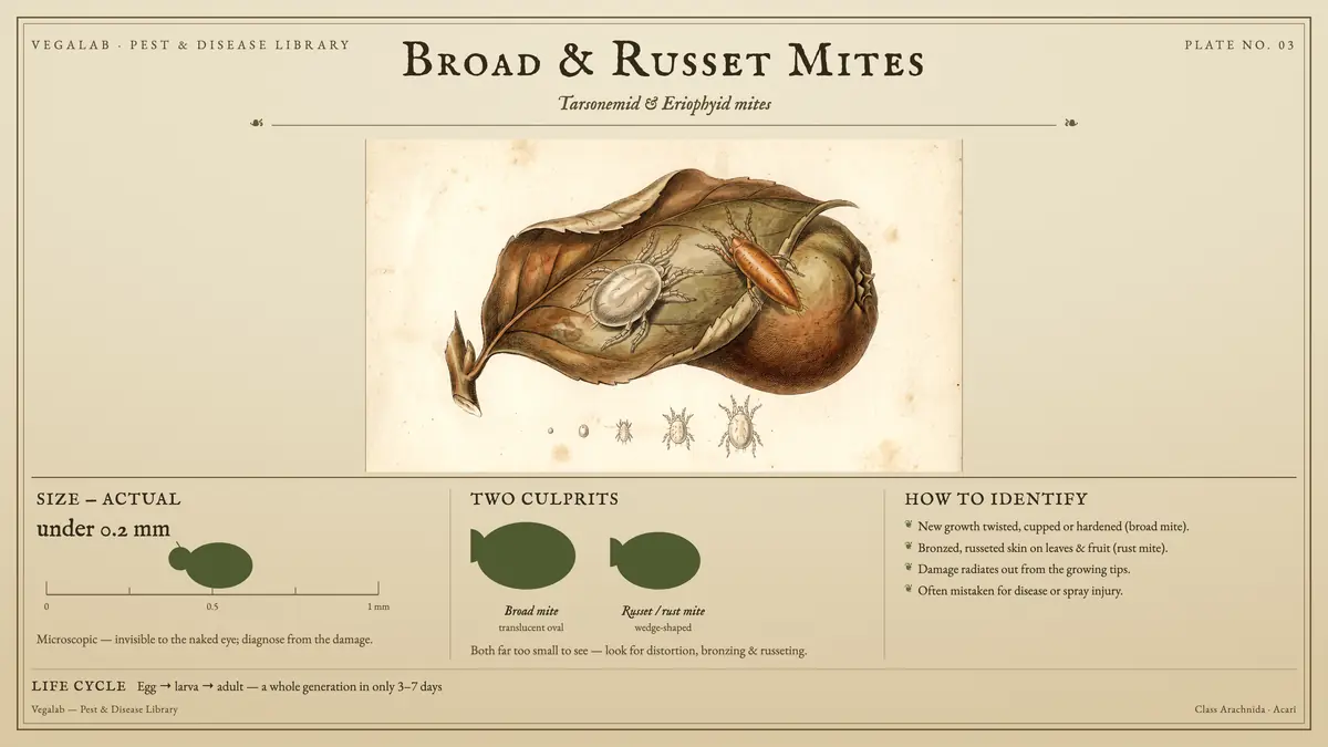 Identification plate for broad & russet mites: about under 0.2 mm, Broad mite translucent oval and Russet / rust mite wedge-shaped, with egg → larva → adult - a whole generation in only 3 - 7 days.