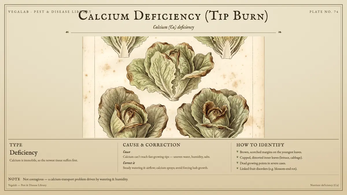 Identification plate for calcium deficiency (tip burn): deficiency, size shown to scale, with not contagious - a calcium-transport problem driven by watering & humidity..