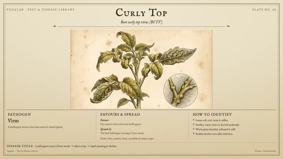 Identification plate for curly top: virus, size shown to scale, with leafhoppers carry it from weeds → infect crops → rapid stunting & decline.