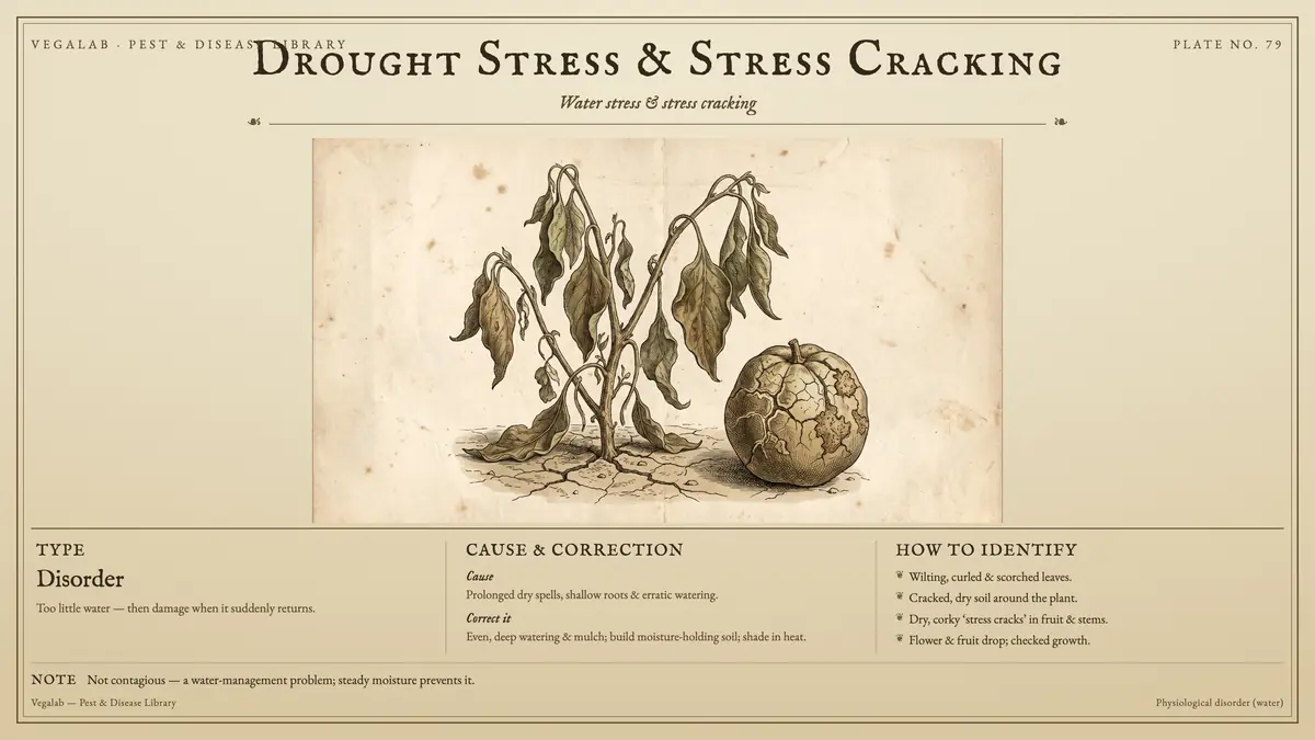 Identification plate for drought stress & stress cracking: disorder, size shown to scale, with not contagious - a water-management problem; steady moisture prevents it..