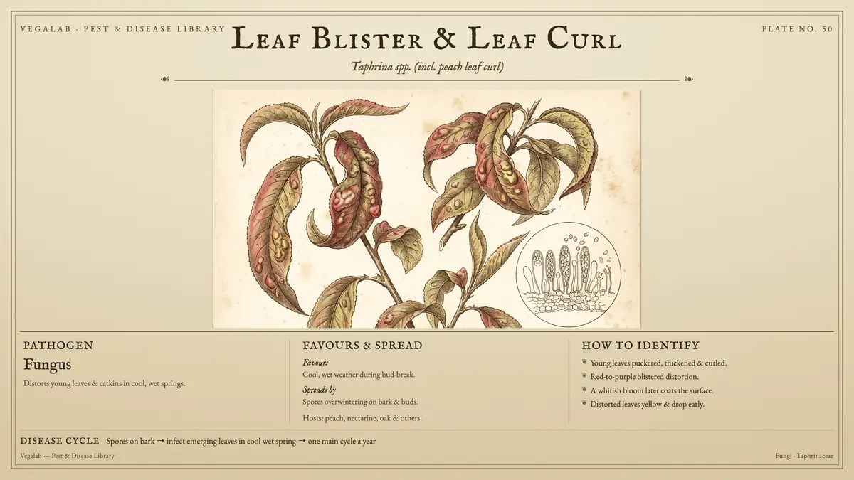 Identification plate for leaf blister & leaf curl: fungus, size shown to scale, with spores on bark → infect emerging leaves in cool wet spring → one main cycle a year.