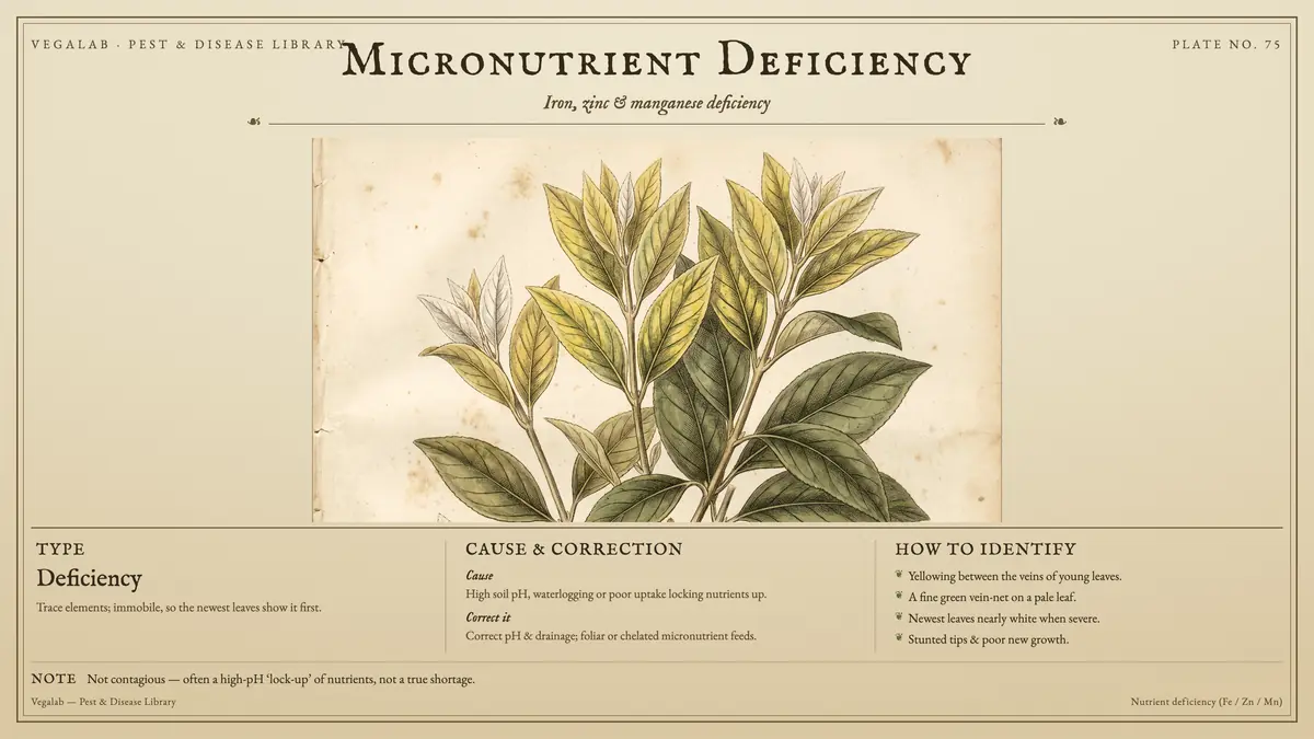 Identification plate for micronutrient deficiency: deficiency, size shown to scale, with not contagious - often a high-ph ‘lock-up’ of nutrients, not a true shortage..