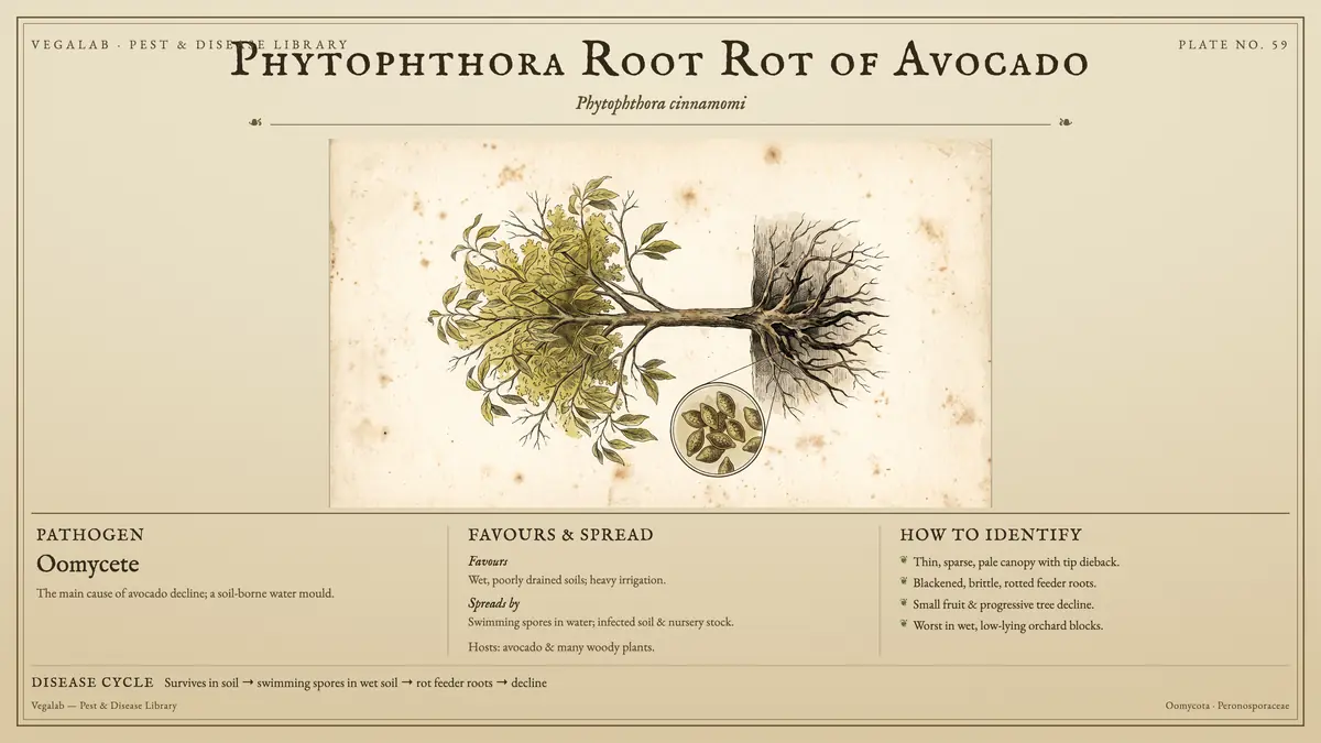 Identification plate for phytophthora root rot of avocado: oomycete, size shown to scale, with survives in soil → swimming spores in wet soil → rot feeder roots → decline.