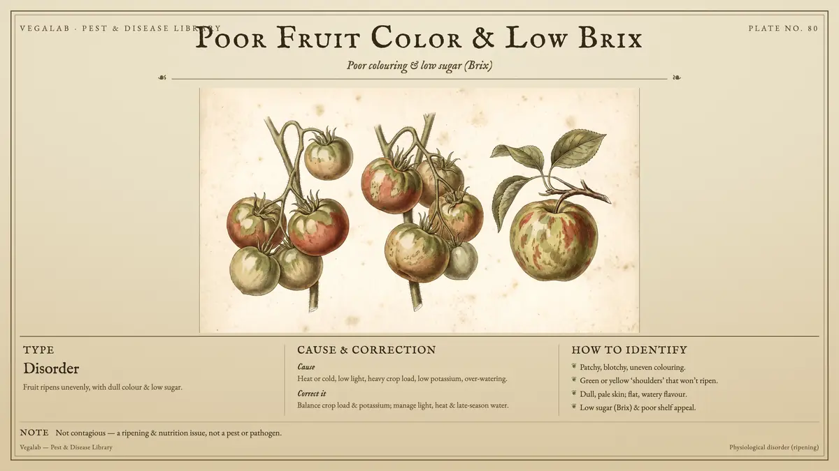 Identification plate for poor fruit color & low brix: disorder, size shown to scale, with not contagious - a ripening & nutrition issue, not a pest or pathogen..
