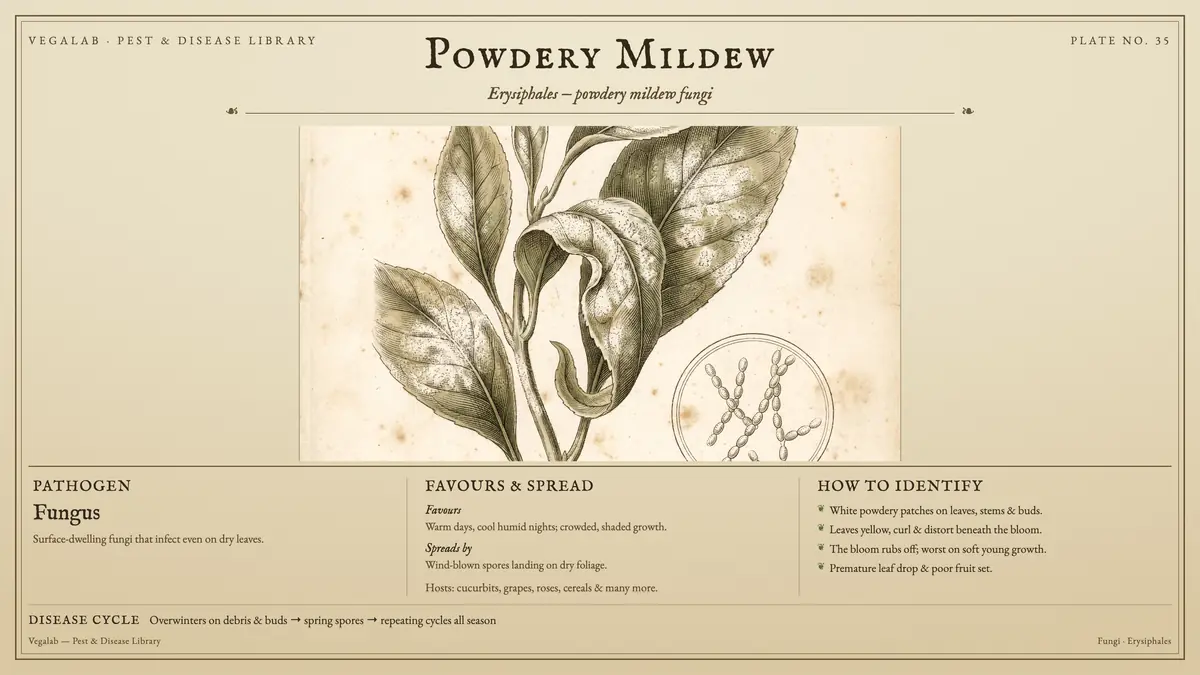 Identification plate for powdery mildew: fungus, size shown to scale, with overwinters on debris & buds → spring spores → repeating cycles all season.