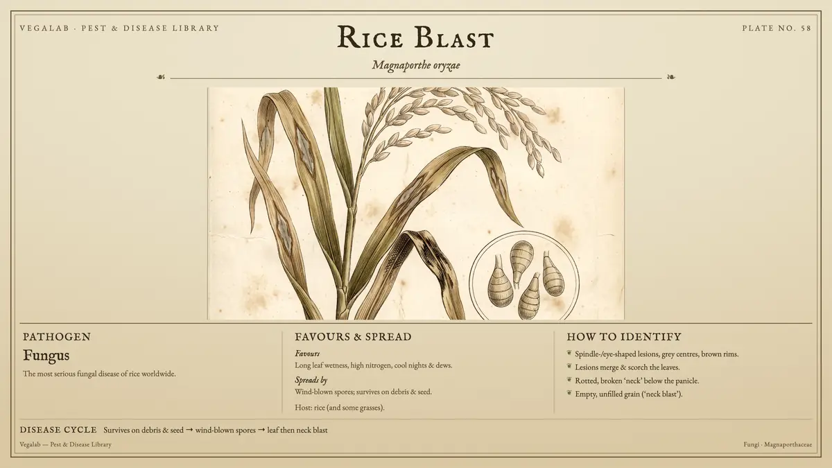 Identification plate for rice blast: fungus, size shown to scale, with survives on debris & seed → wind-blown spores → leaf then neck blast.