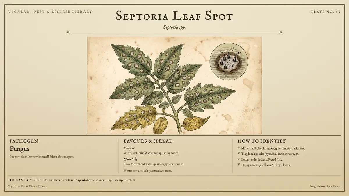Identification plate for septoria leaf spot: fungus, size shown to scale, with overwinters on debris → splash-borne spores → spreads up the plant.