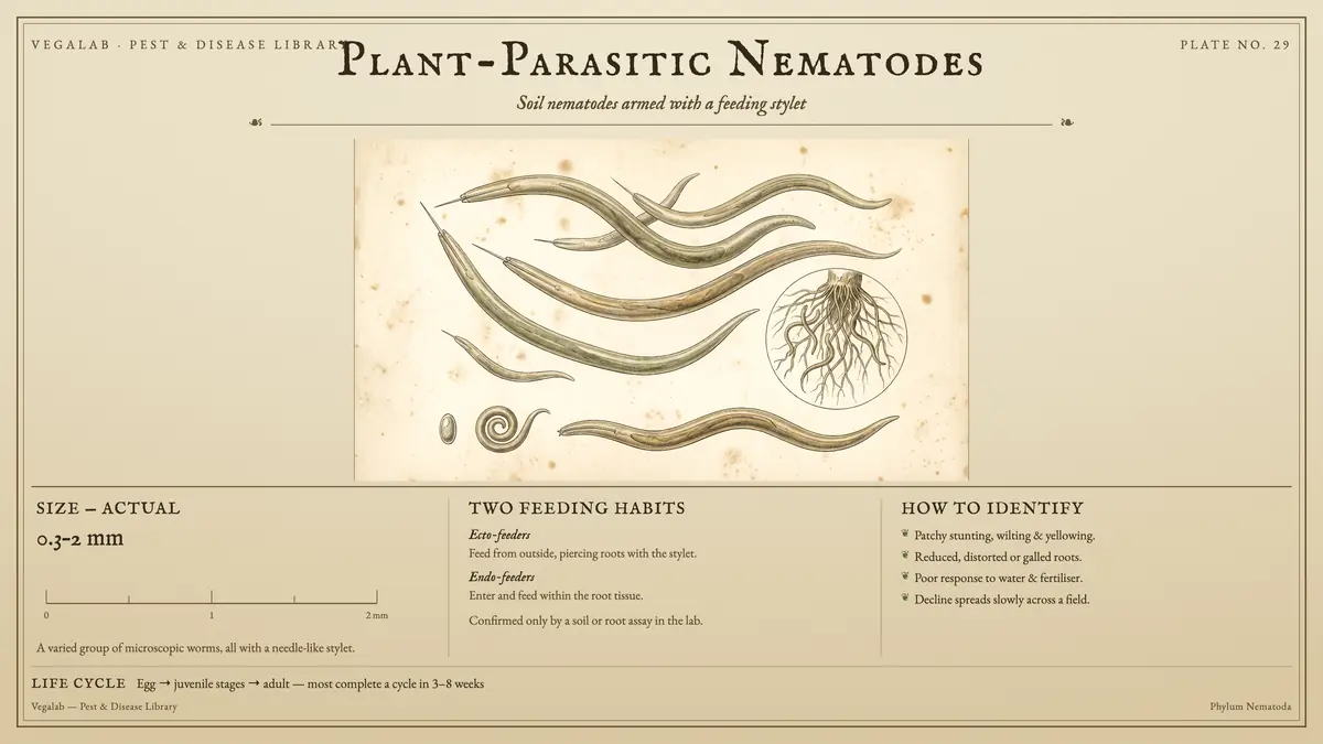 Identification plate for plant-parasitic nematodes: about 0.3 - 2 mm, size shown to scale, with egg → juvenile stages → adult - most complete a cycle in 3 - 8 weeks.