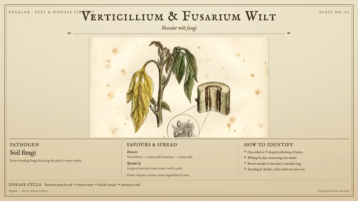 Identification plate for verticillium & fusarium wilt: soil fungi, size shown to scale, with survives years in soil → enters roots → blocks vessels → returns to soil.
